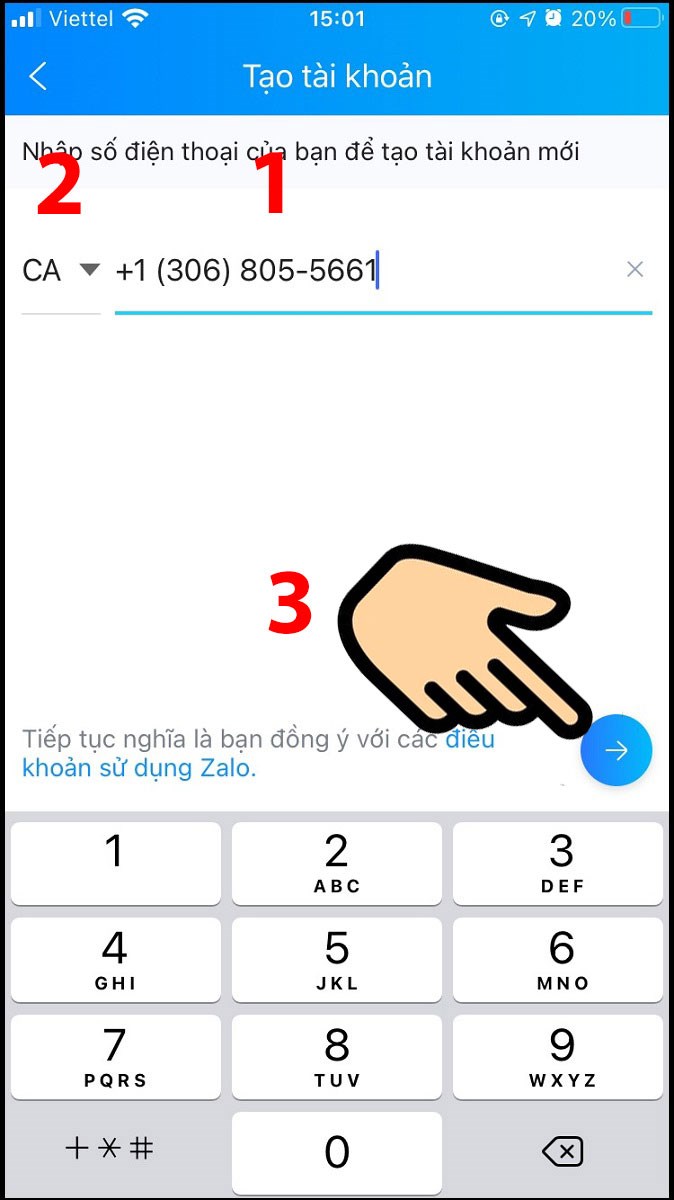 Quay lại giao diện ứng dụng Zalo, thêm số điện thoại vừa copy vào, chọn CA mã vùng của Canada, sau đó bấm mũi tên sang ngang