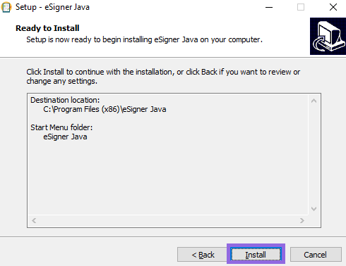 Bấm “Install” để bắt đầu quá trình cài đặt ứng dụng Bấm “Next” để tiếp tục quá trình Setup file eSigner Java